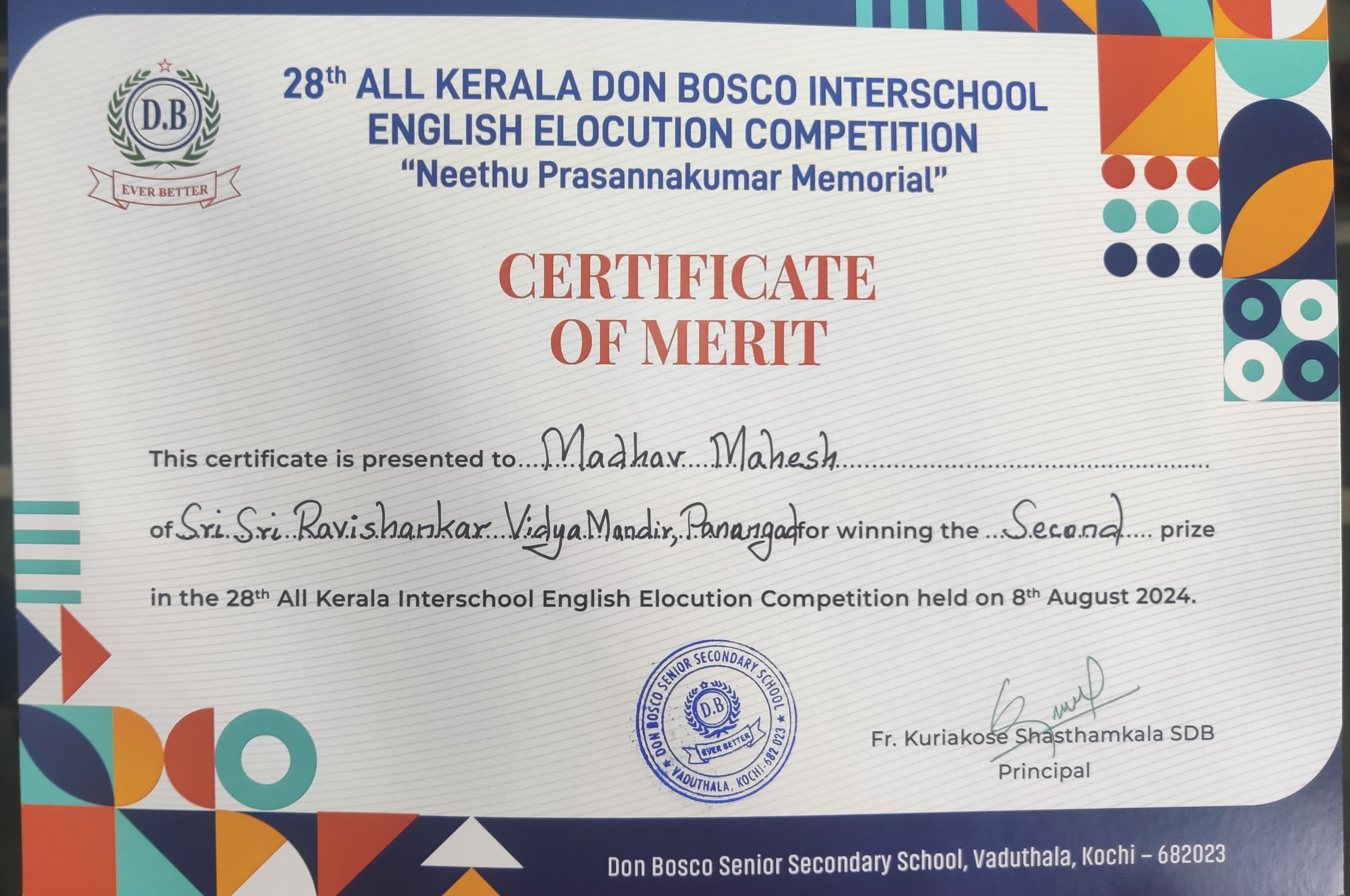 MADHAV MAHESH WON SECOND PRIZE IN 28th ALL KERALA DON BOSCO INTERSCHOOL ENGLISH ELOCUTION COMPETITION